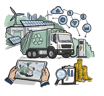 Illustration zur kommunalen Abfallwirtschaft mit Recyclingfahrzeug, Digitalisierung und nachhaltiger Infrastruktur