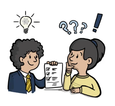 Vergabemanagement verständlich erklärt Illustration zum Vergabemanagement mit Beratungssituation, Checkliste und Fragestellungen