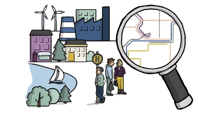 Illustration zu Konzeption und Planung im ÖSPV mit Stadt, Haltestelle und Liniennetz