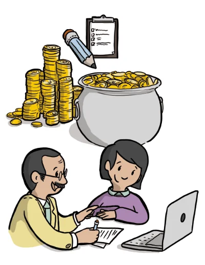 Projektfinanzierung strukturiert begleiten Illustration zur Projektfinanzierung mit Beratungssituation, Fördermitteln und Finanzierungsunterlagen