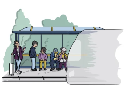 Infrastruktur für attraktive Haltestellen Illustration einer barrierearmen Bushaltestelle mit wartenden Fahrgästen